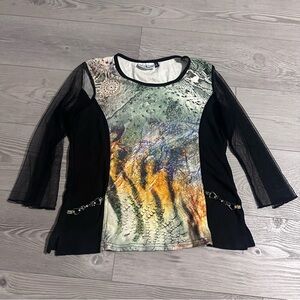 Vintage Patchington Black Green Mesh Sleeve Abstract Top Metal Hardware, Size M